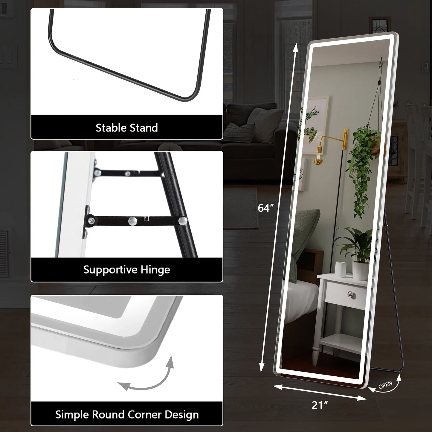 JHK Mirror With Aluminum Alloy Frame Standing Or Wall Mounted