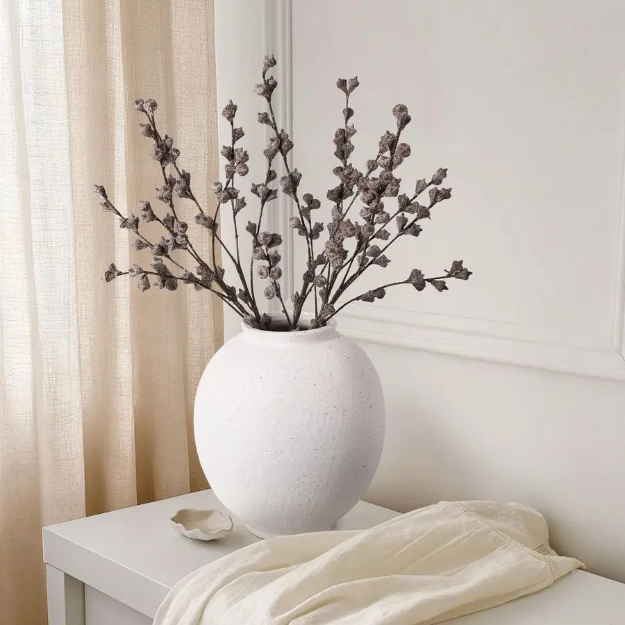 Large White Ceramic Vase, 9.8 inch Rustic Farmhouse Flowers Vase for Home Decor, Sandstone Texture Round Pottery Tall Vase Indoo