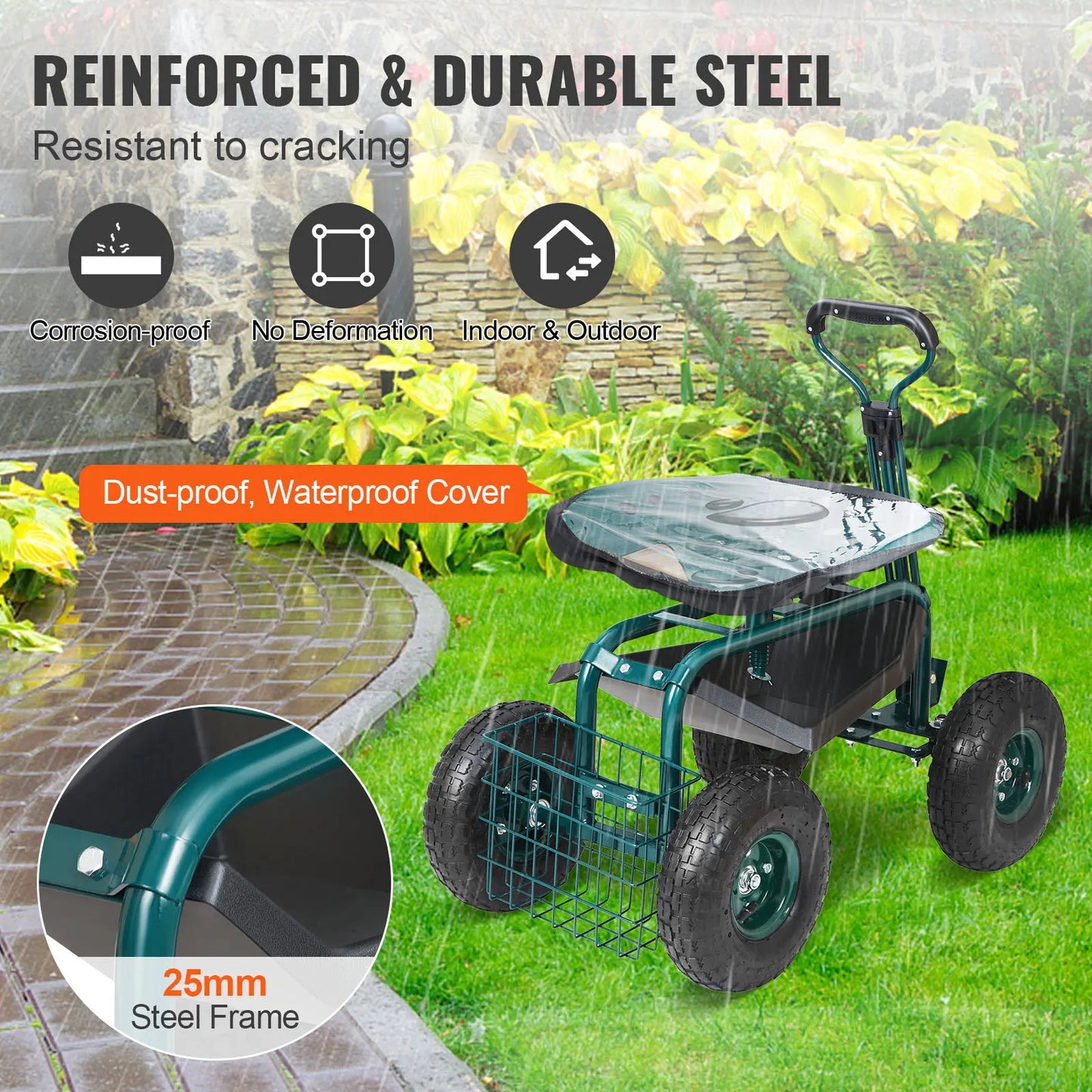 SucceBuy Garden Cart Rolling Workseat With Swivel Seat And Wheels