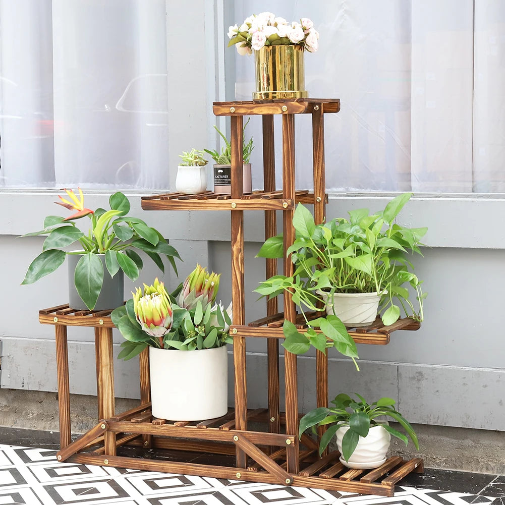 Bingopaw Six Tier Wood Plant Stand Display For Indoor Outdoor