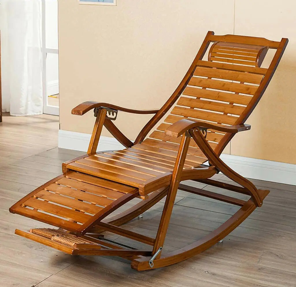 BINGOPAW Bamboo Rocking Chair Adjustable Lounge Recliner