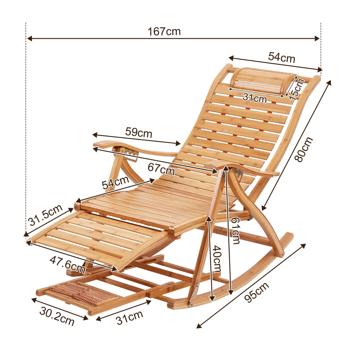 BINGOPAW Bamboo Rocking Chair Adjustable Lounge Recliner