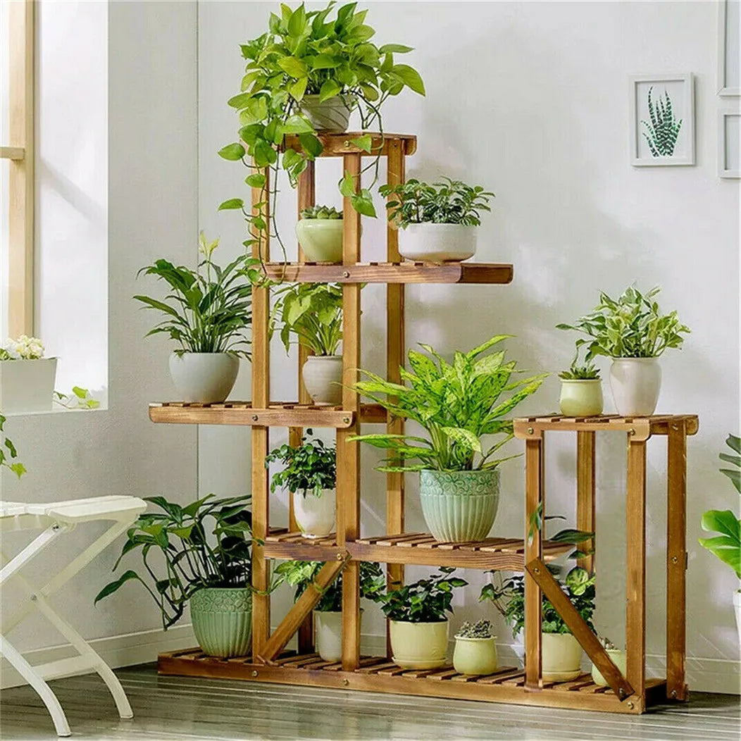 Bingopaw Six Tier Wood Plant Stand Display For Indoor Outdoor