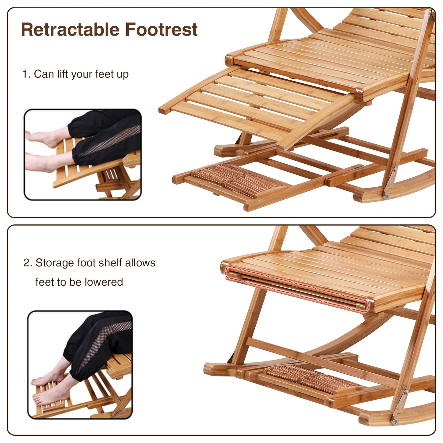 BINGOPAW Bamboo Rocking Chair Adjustable Lounge Recliner
