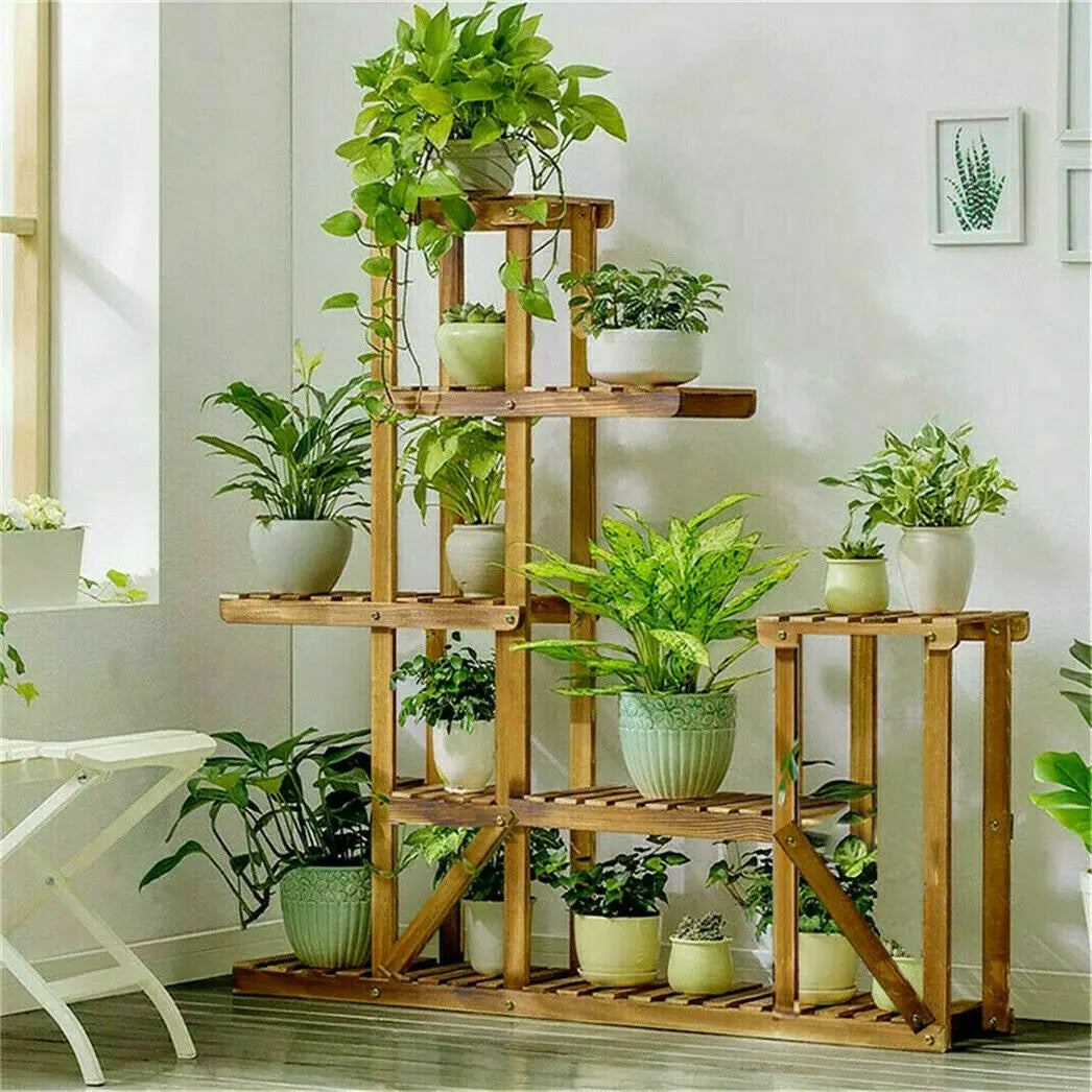 Bingopaw Six Tier Wood Plant Stand Display For Indoor Outdoor