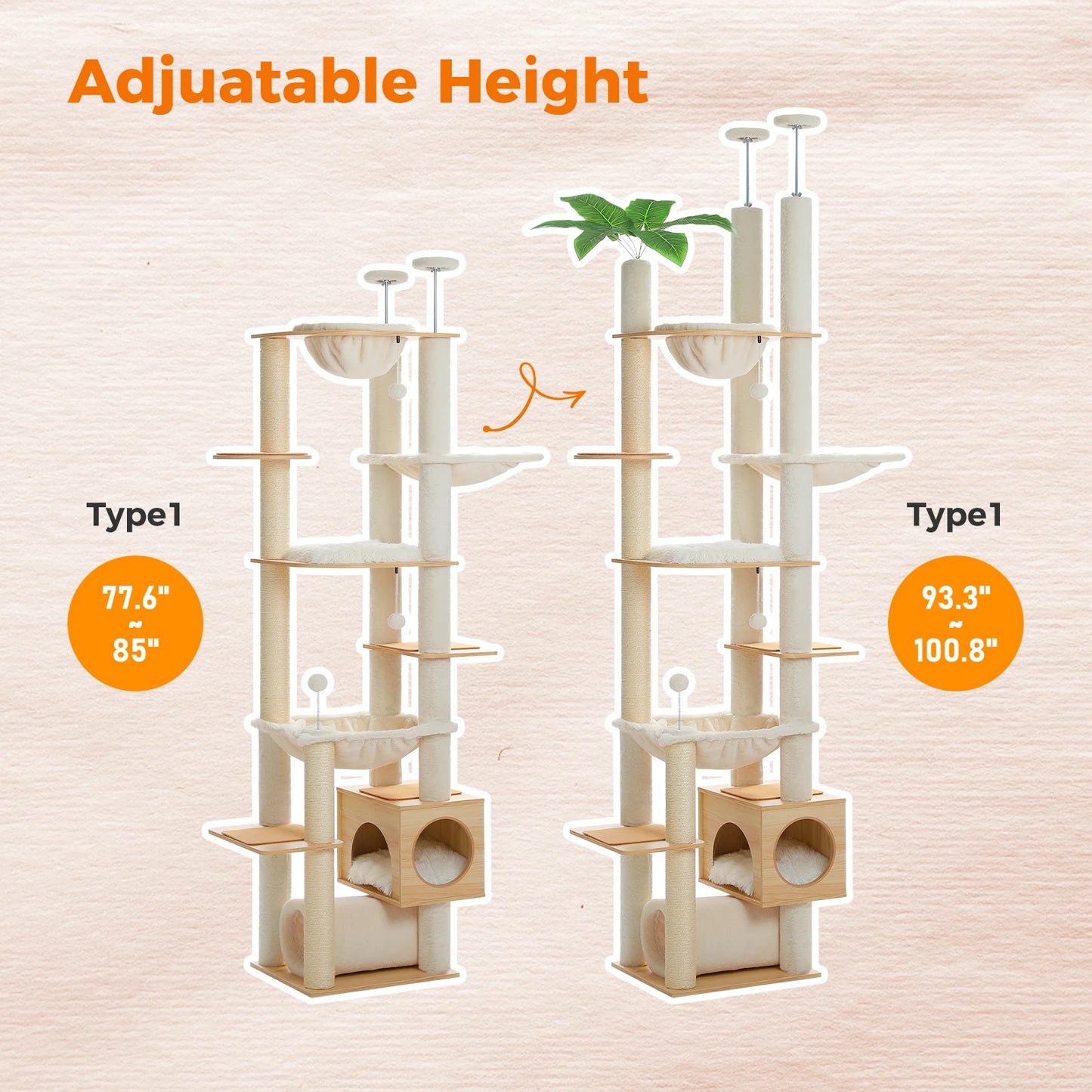 PAWZ Road Height Adjustable Wooden Cat Tree With Hammock
