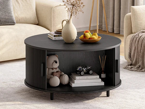 Round Coffee Table With Storage Modern Wood Metal Curved Door