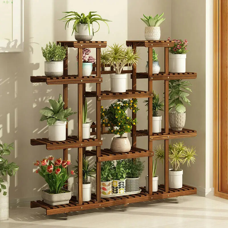 11 Tier Natural Pine Wood Plant Stand With Metal Supports