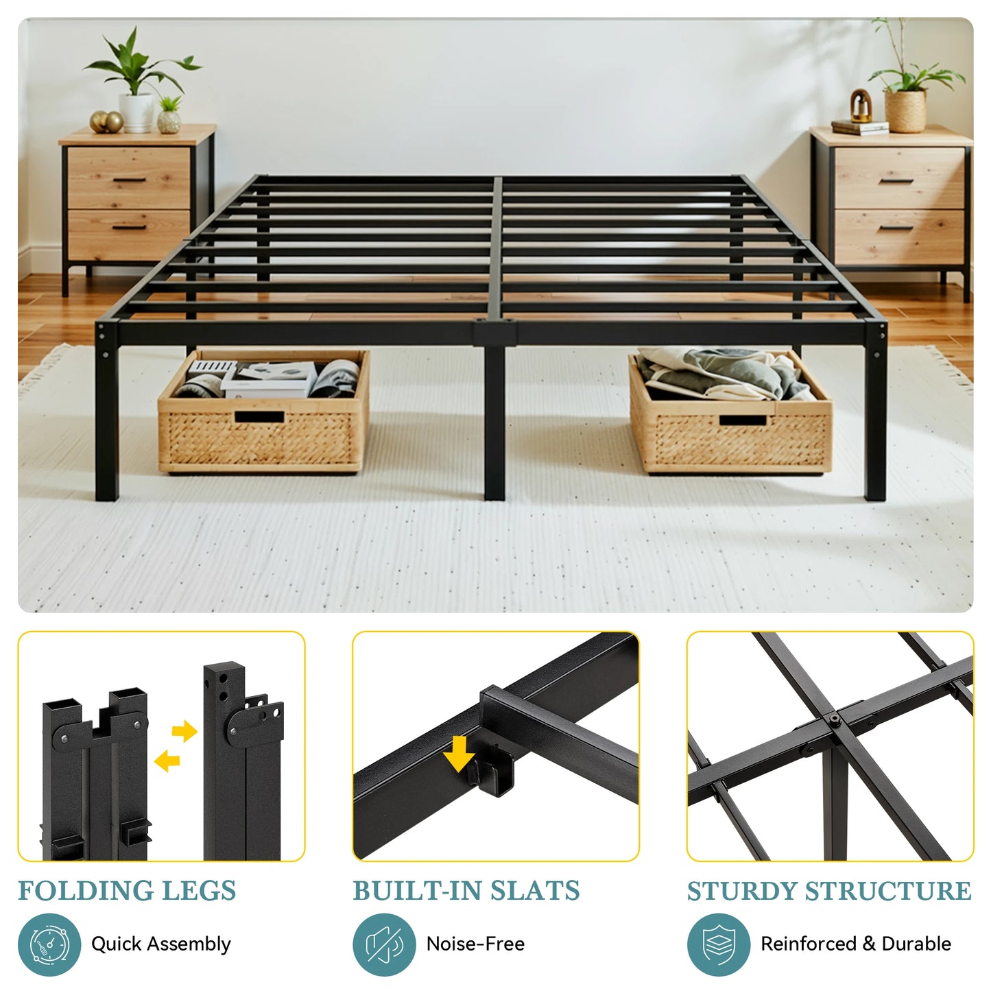 HOOMIC Heavy-Duty Metal Bed Frame With Under-Bed Storage