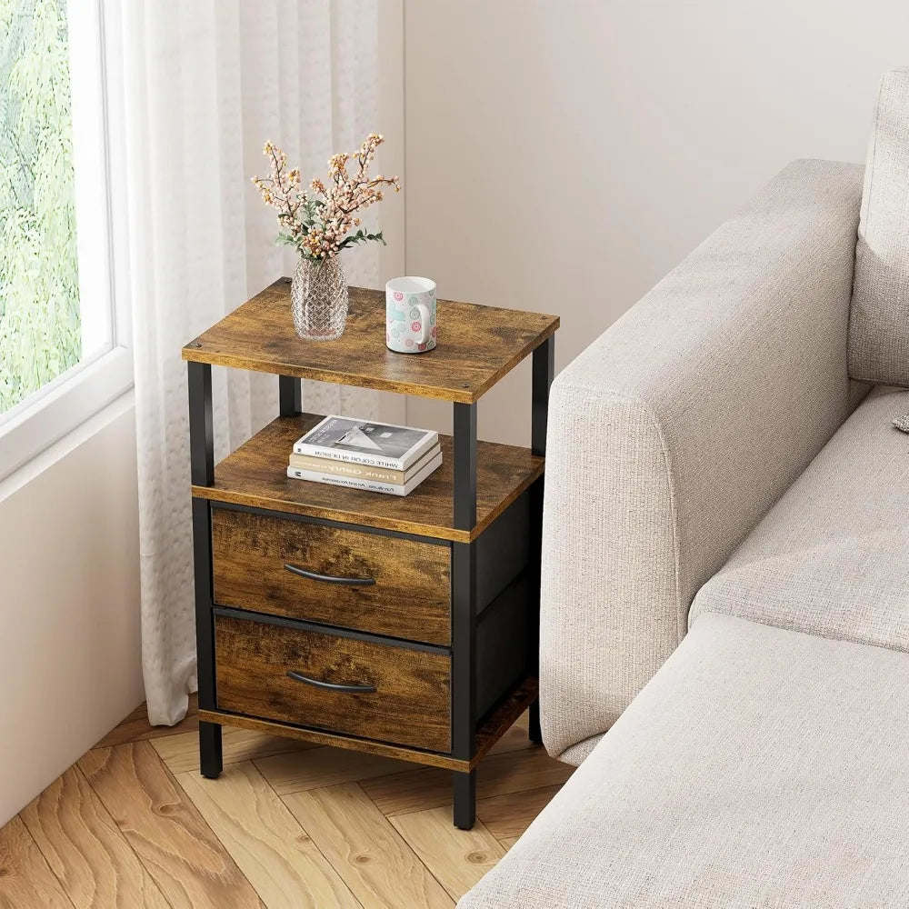 Set Of Two Modern Nightstands With Fabric Drawers And Shelves