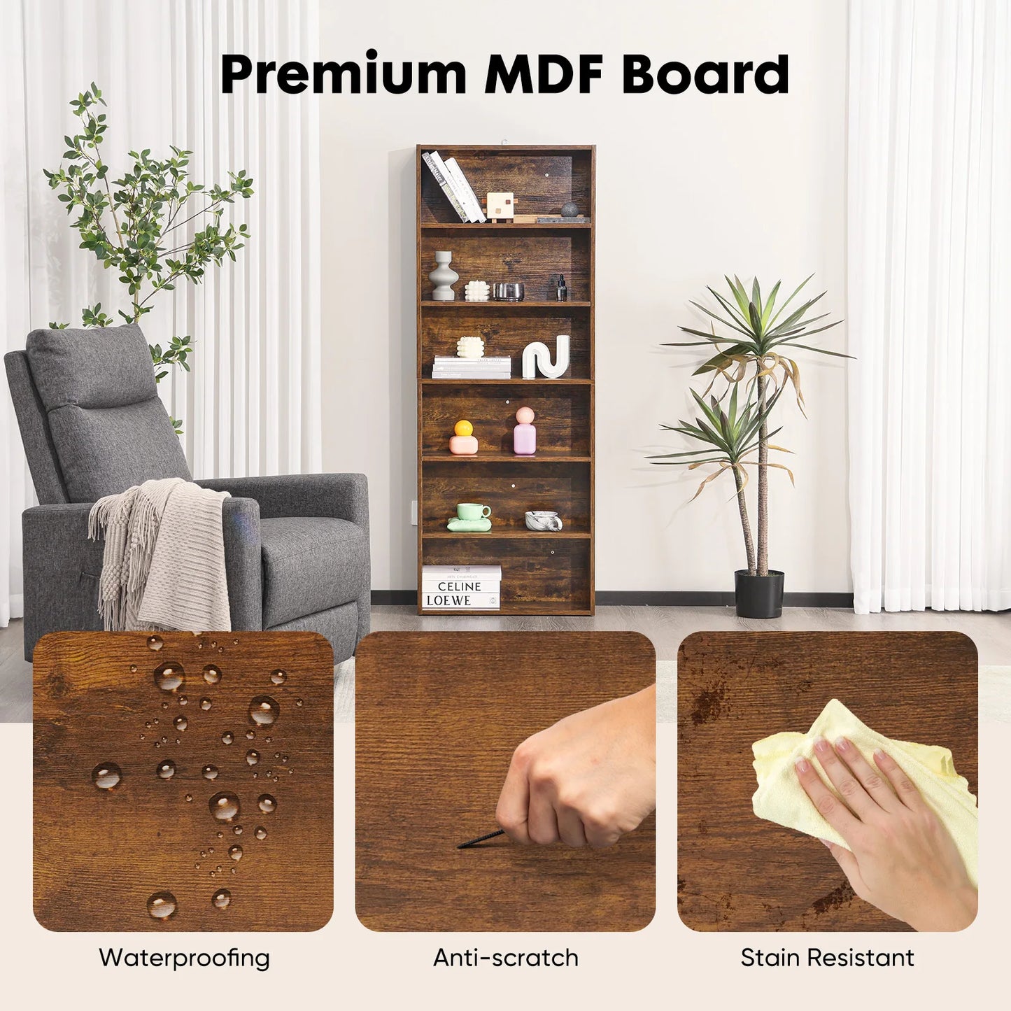 JHK 6 Tier Wooden Shelf Bookcase Floor Standing Open Bookshelf