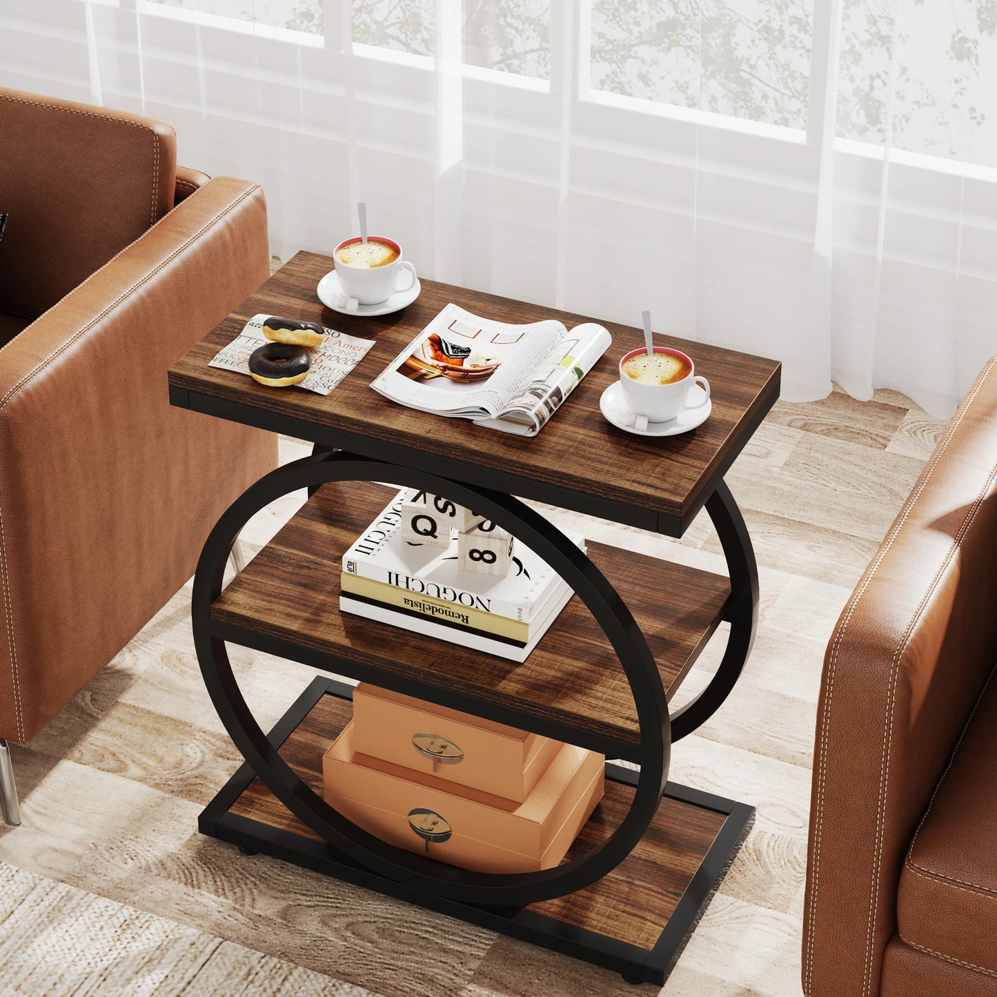 Tribesigns End Table, Narrow End Table with 3 Storage Shelves, Wooden Side Table, Industrial Small Sofa Side Table