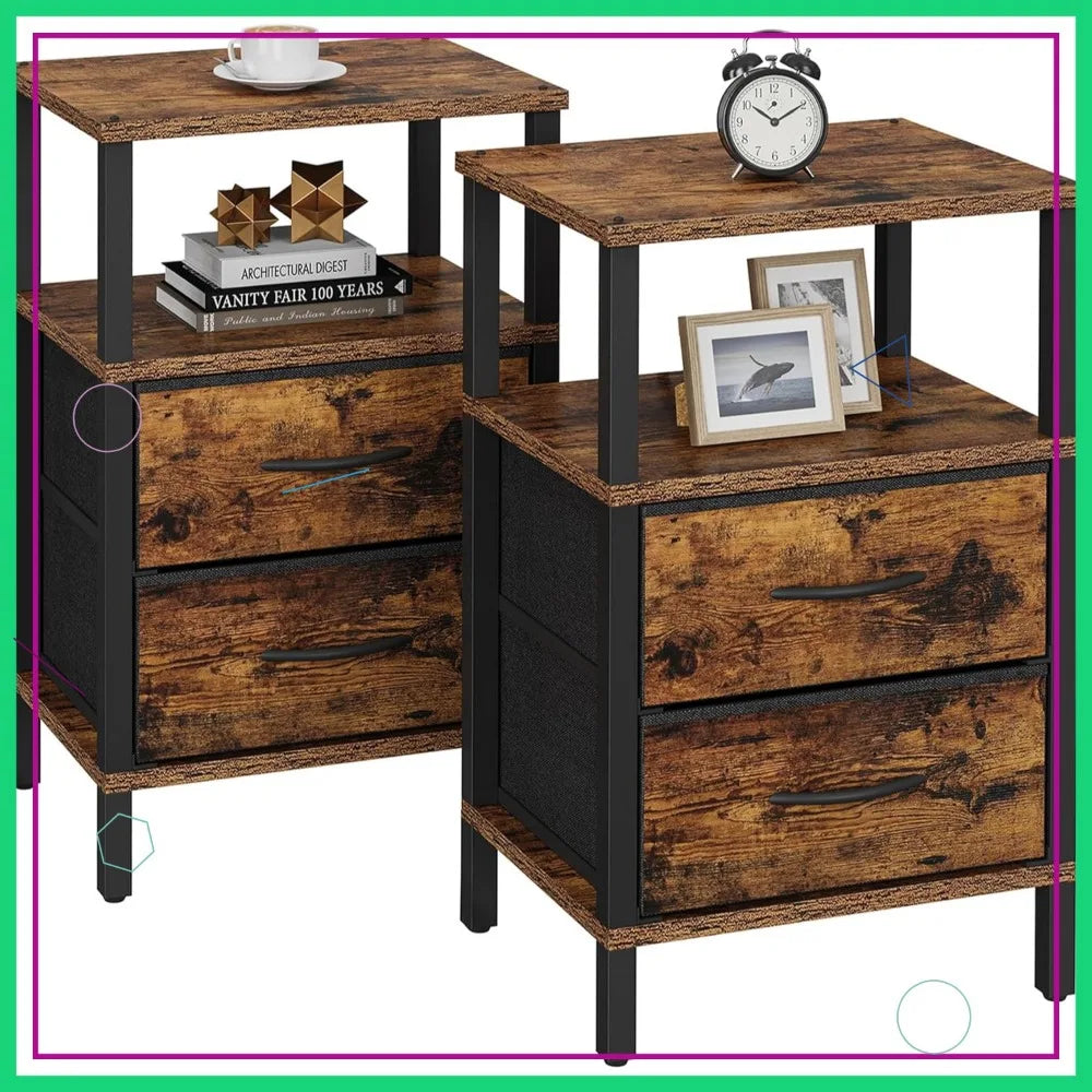 Set Of Two Modern Nightstands With Fabric Drawers And Shelves