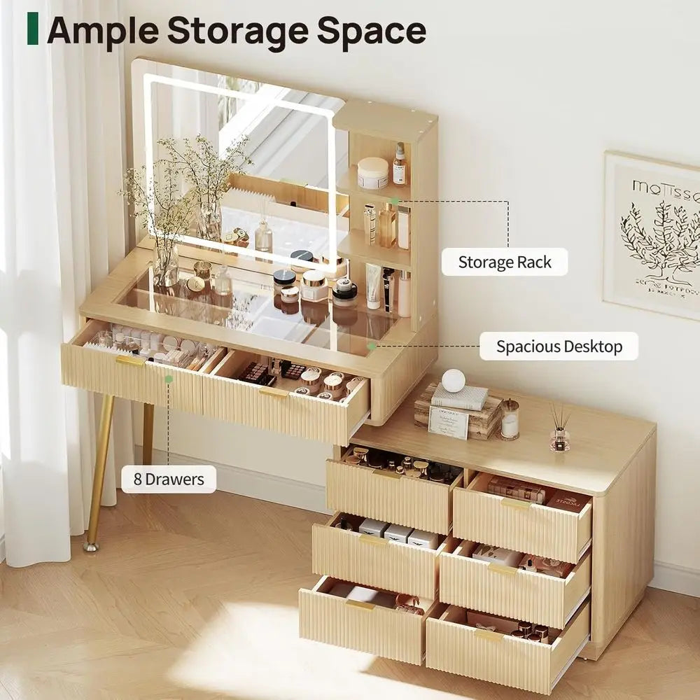 CHENGWEI Modern 65 LED Makeup Vanity Desk With Glass Top