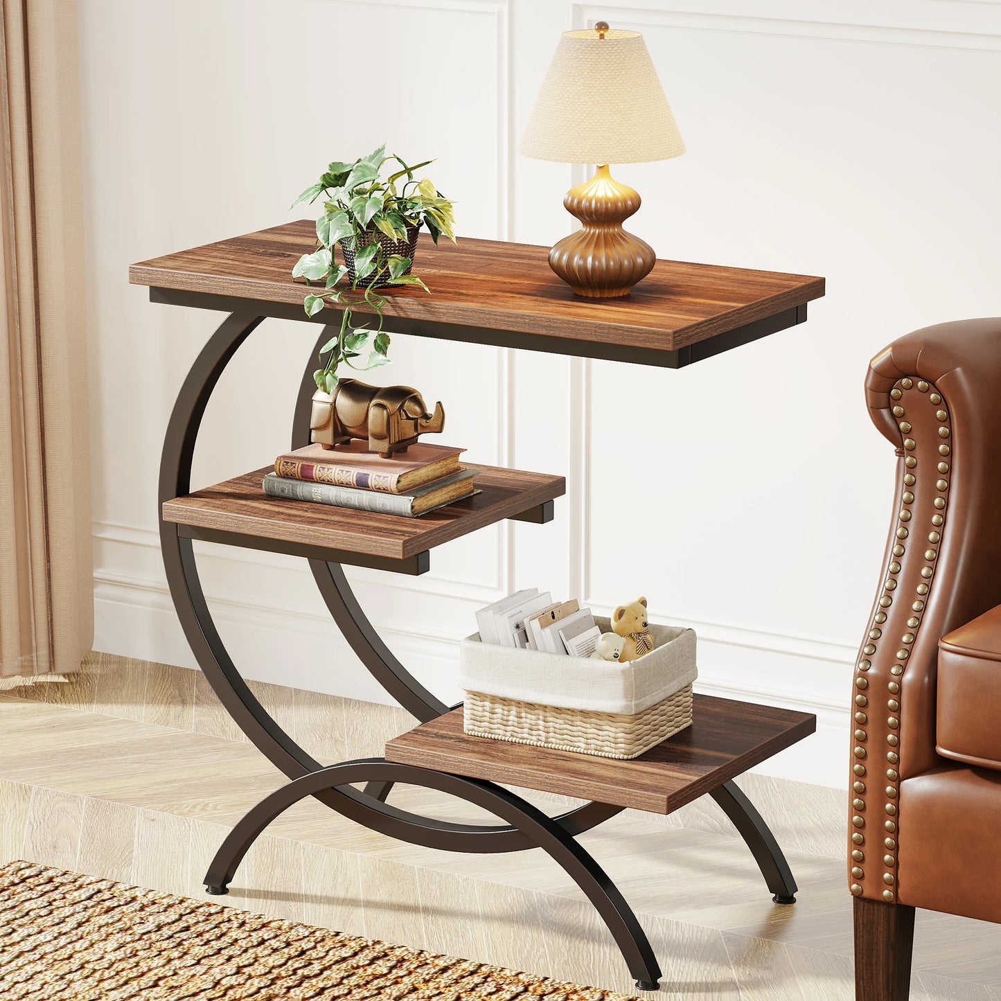 Tribesigns C-Shaped End Table, Industrial 3-Tier With Storage
