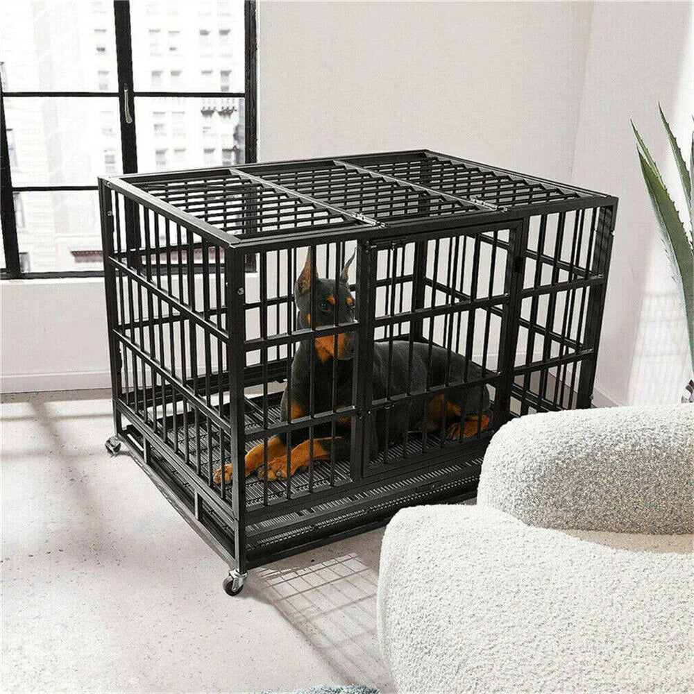 BORWARTH Heavy Duty Dog Crate With Locking Wheels And Tray