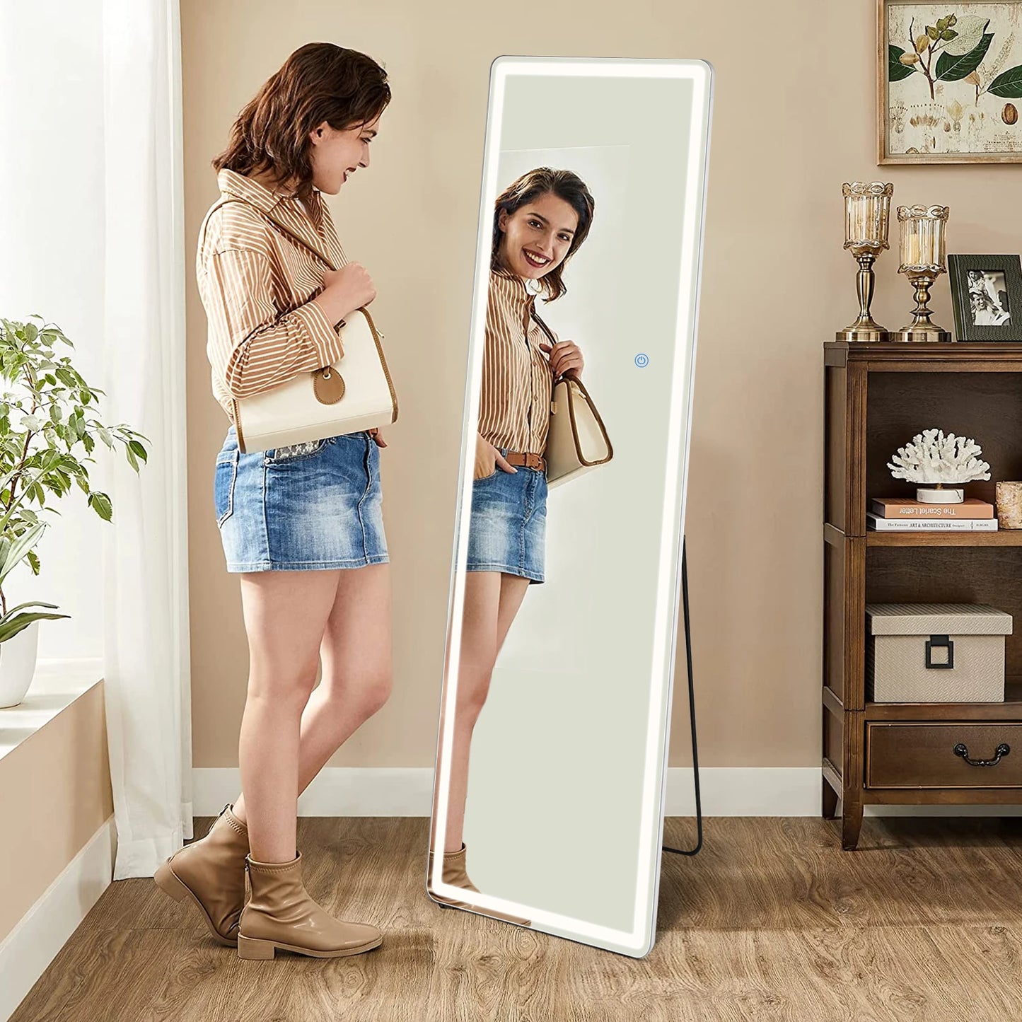 JHK Mirror With Aluminum Alloy Frame Standing Or Wall Mounted
