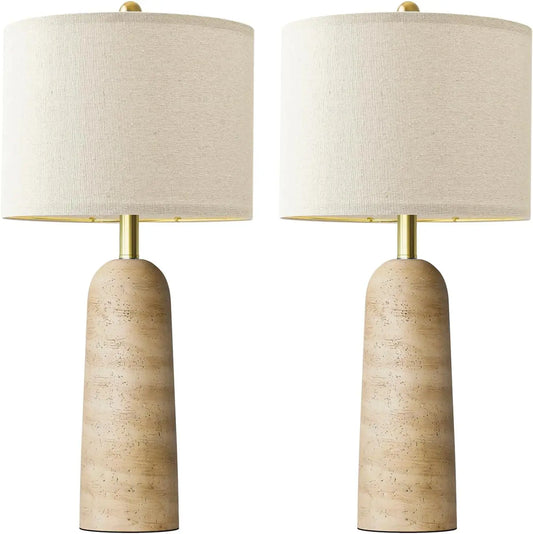Modern Travertine Inspired Table Lamp Set With Linen Shade