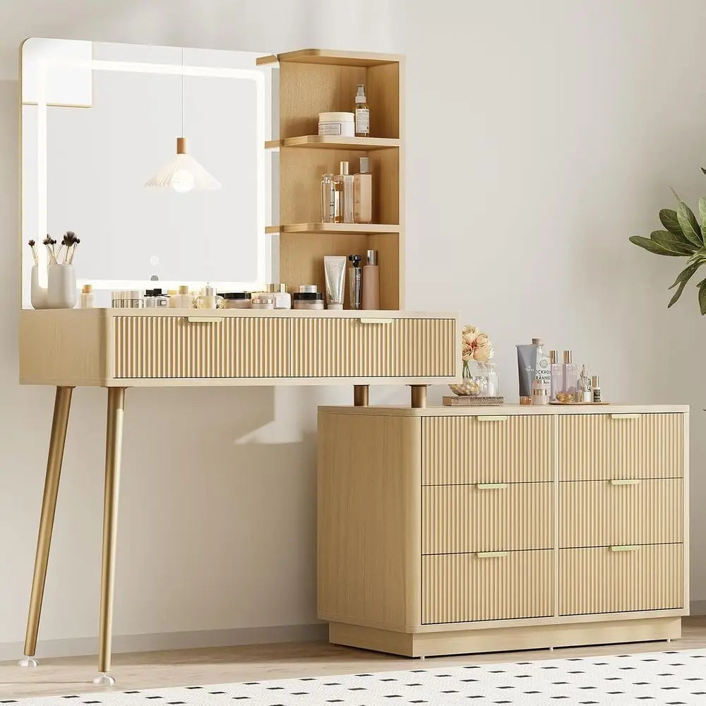 CHENGWEI Modern 65 LED Makeup Vanity Desk With Glass Top