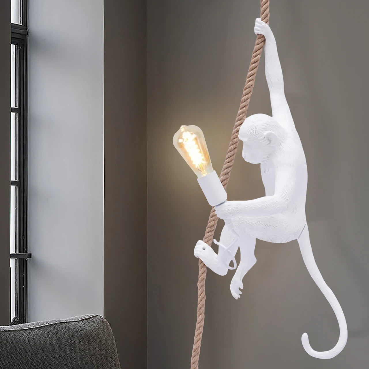 Monkey Pendant Light Rustic Resin Hemp Rope Chandelier