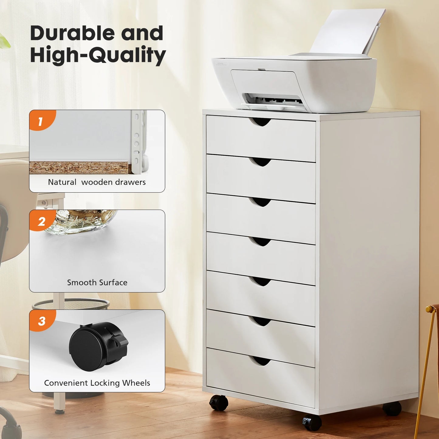 JHK 7-Drawer Chest Nightstand With Rolling Wheels
