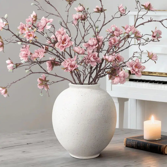 Large White Ceramic Vase, 9.8 inch Rustic Farmhouse Flowers Vase for Home Decor, Sandstone Texture Round Pottery Tall Vase Indoo