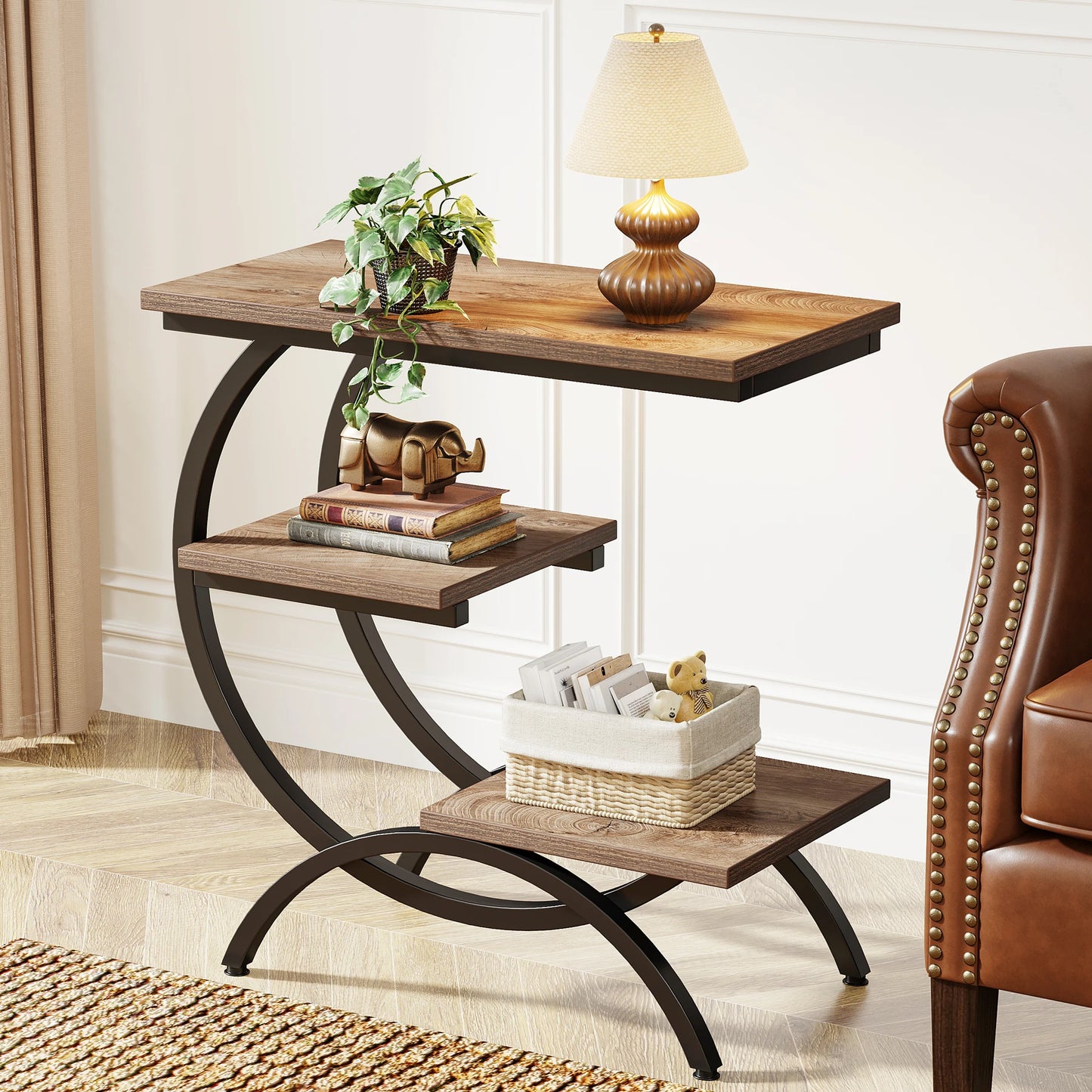 Tribesigns C-Shaped End Table, Industrial 3-Tier With Storage