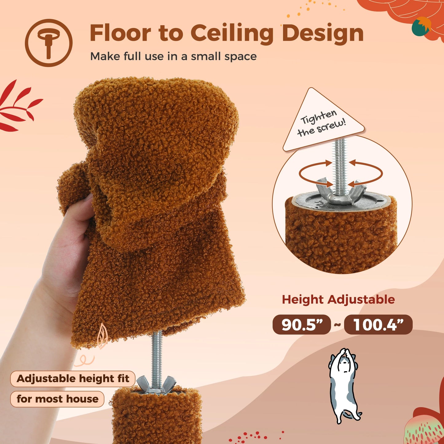 PETEPELACN Cat Tree Floor To Ceiling Tower With Condo Hammock Scratching Post