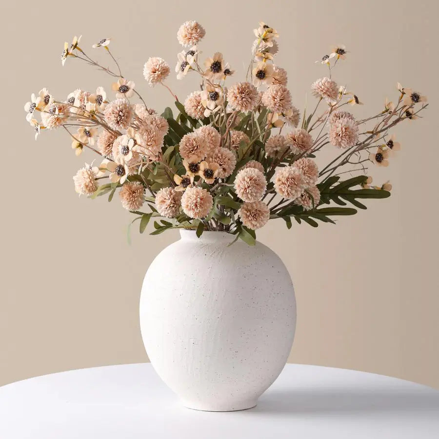 Large White Ceramic Vase, 9.8 inch Rustic Farmhouse Flowers Vase for Home Decor, Sandstone Texture Round Pottery Tall Vase Indoo