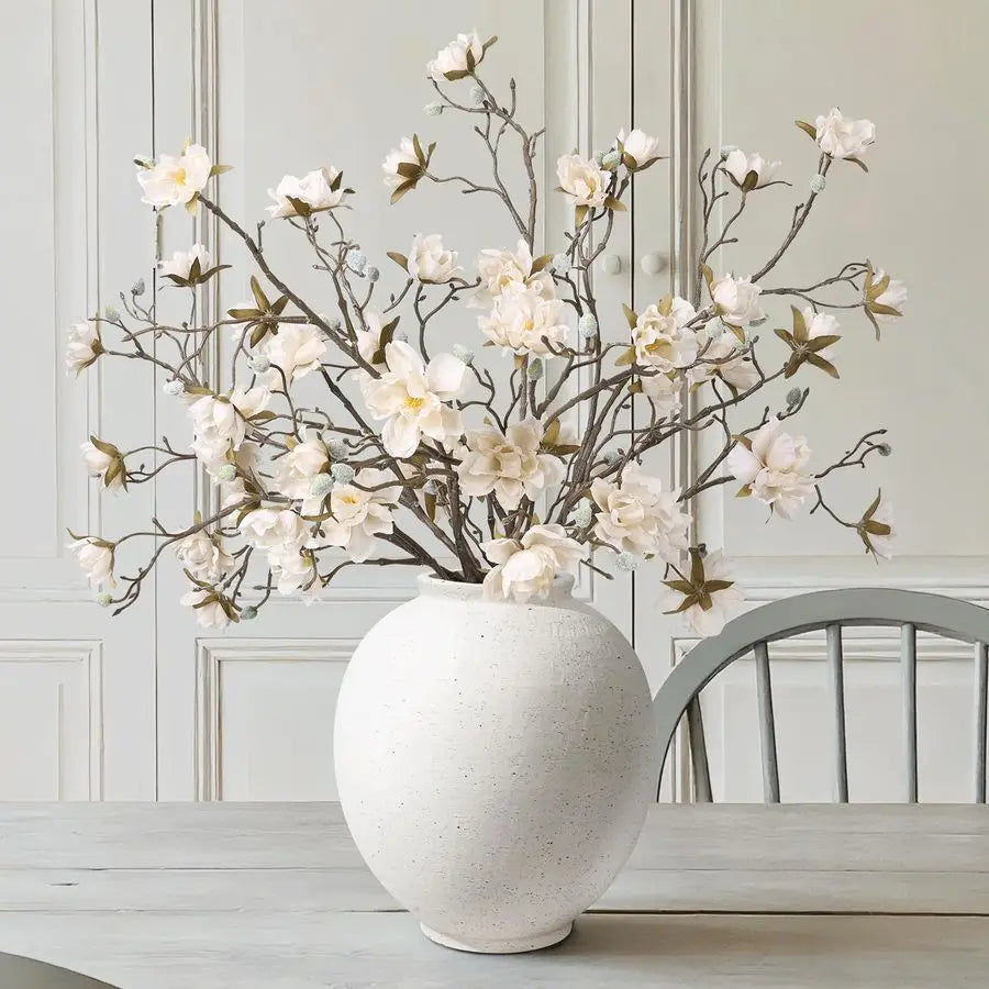 Large White Ceramic Vase, 9.8 inch Rustic Farmhouse Flowers Vase for Home Decor, Sandstone Texture Round Pottery Tall Vase Indoo