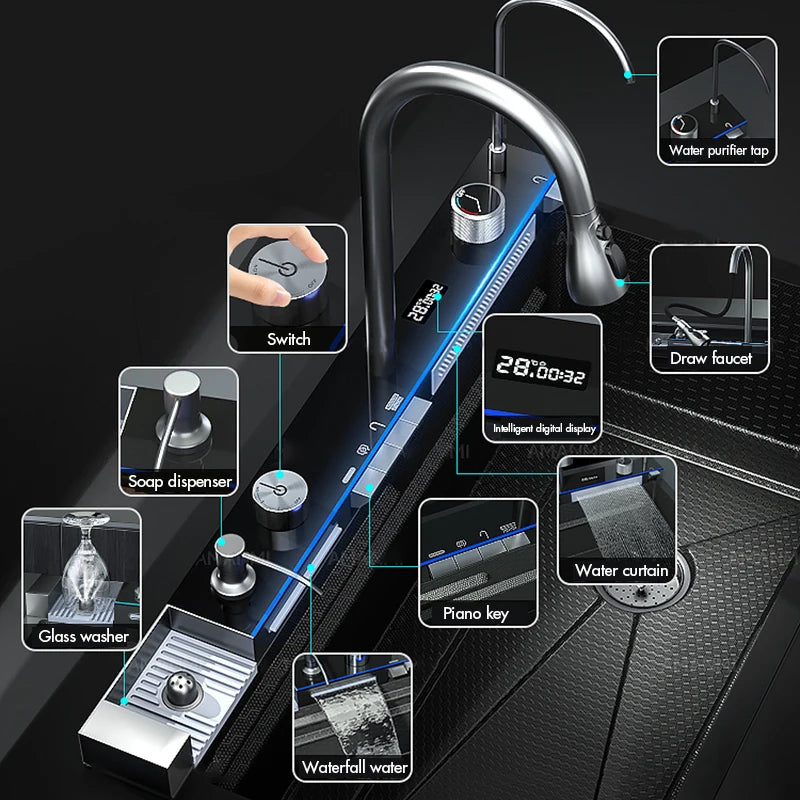 MYQualife 304 Stainless Waterfall Faucet Set With Soap Dispenser