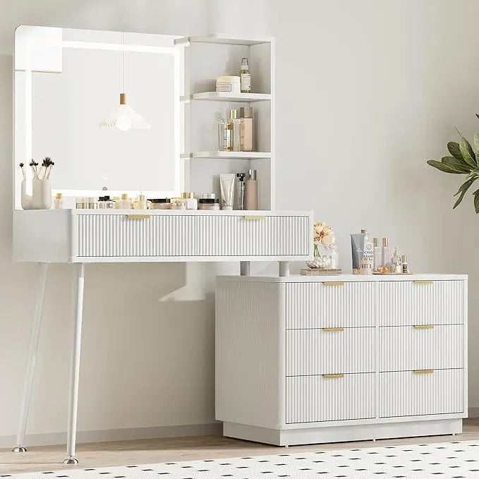 CHENGWEI Modern 65 LED Makeup Vanity Desk With Glass Top