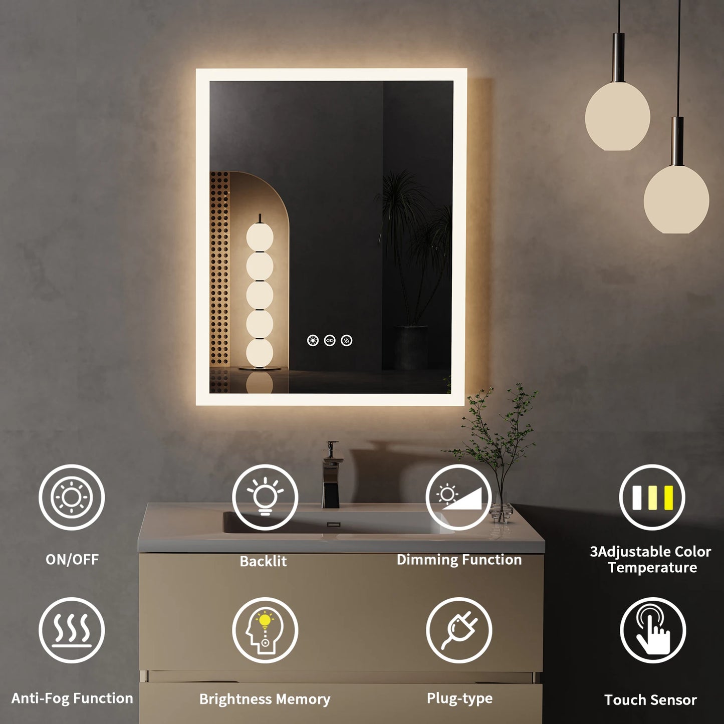 Wisfor LED Lighted Bathroom Mirror With Anti Fog And Memory Function