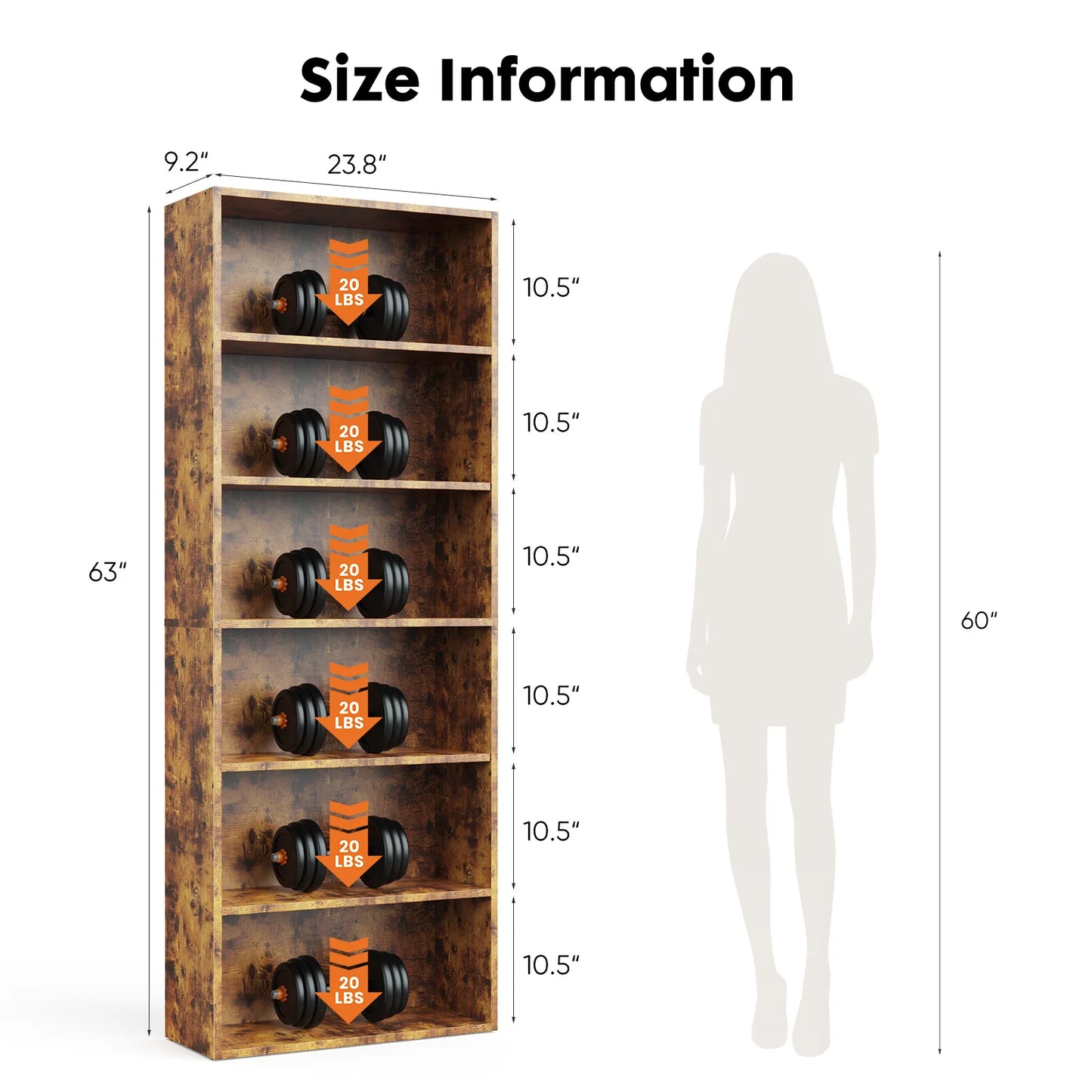 JHK 6 Tier Wooden Shelf Bookcase Floor Standing Open Bookshelf