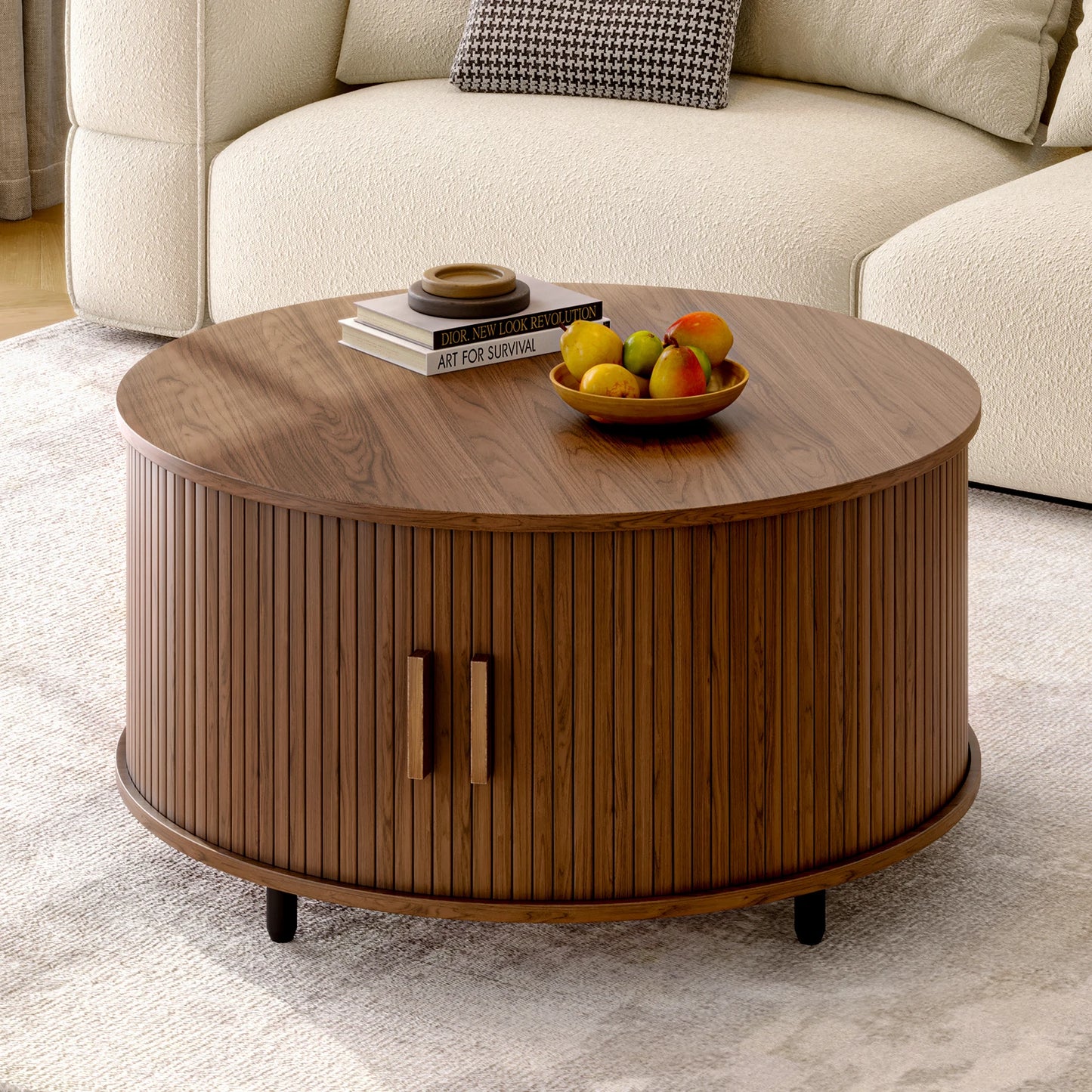 Round Coffee Table With Storage Modern Wood Metal Curved Door