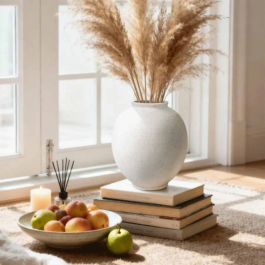 Large White Ceramic Vase, 9.8 inch Rustic Farmhouse Flowers Vase for Home Decor, Sandstone Texture Round Pottery Tall Vase Indoo