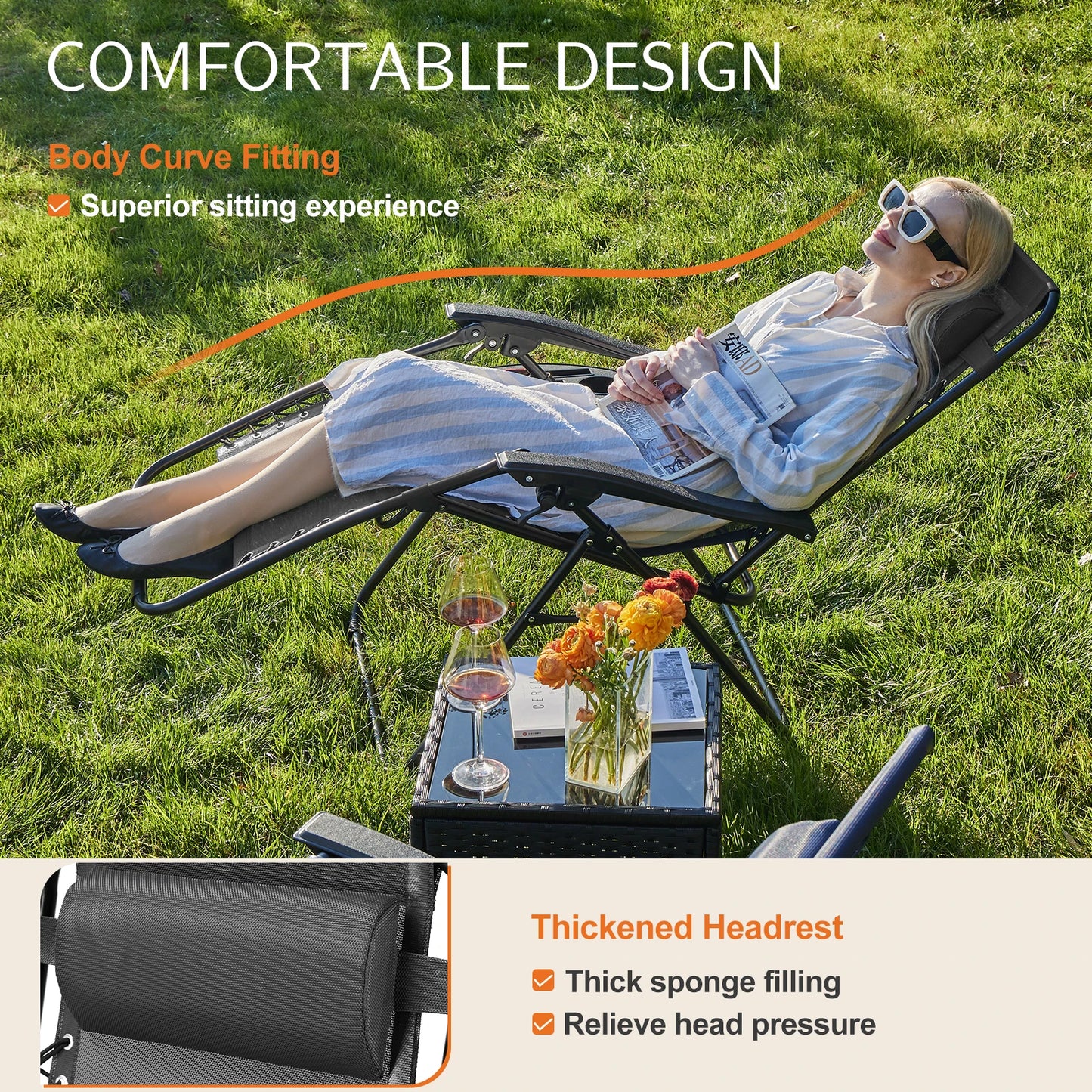 JHK Zero Gravity Portable Recliner Set Patio Lounge Chairs Cup Holder Trays