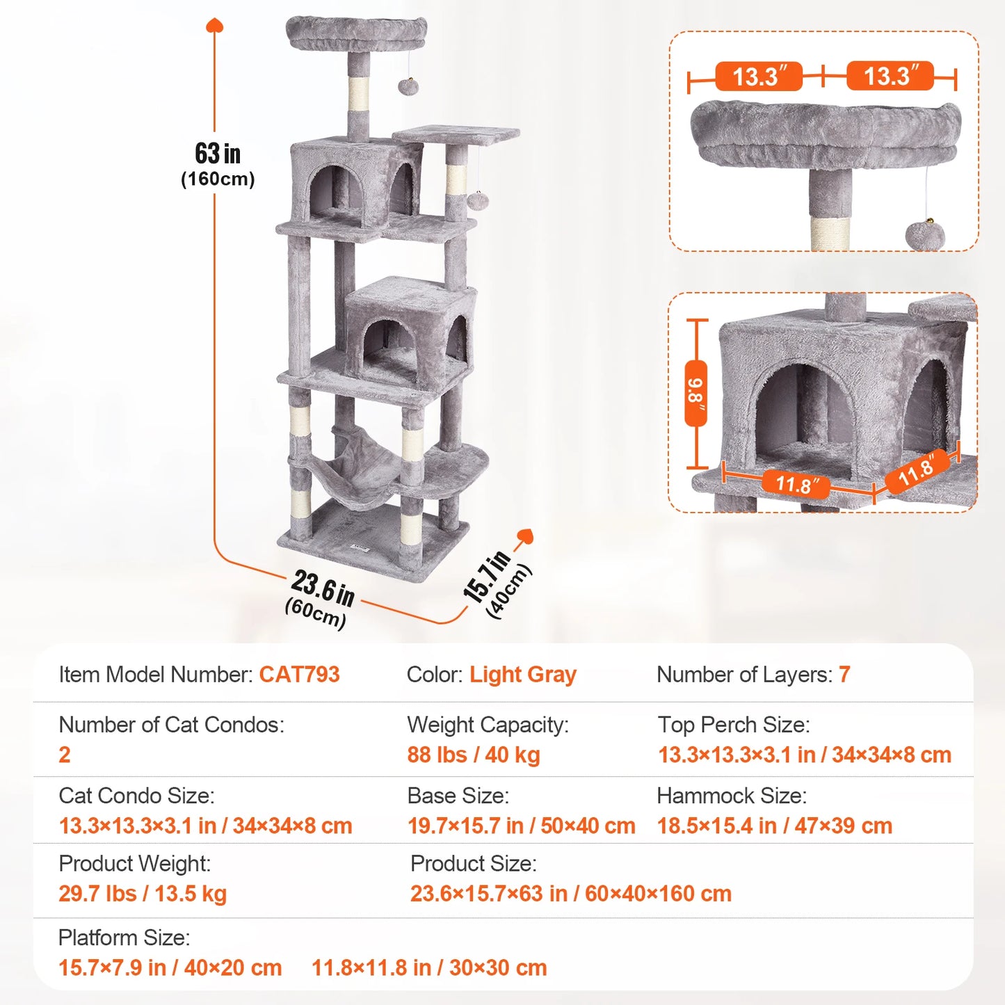 SucceBuy Cat Tree for Indoor Cats Cat Tower with Cat Condo Sisal Scratching Post HammockTop Perch Jumping Platforms Dark Grey