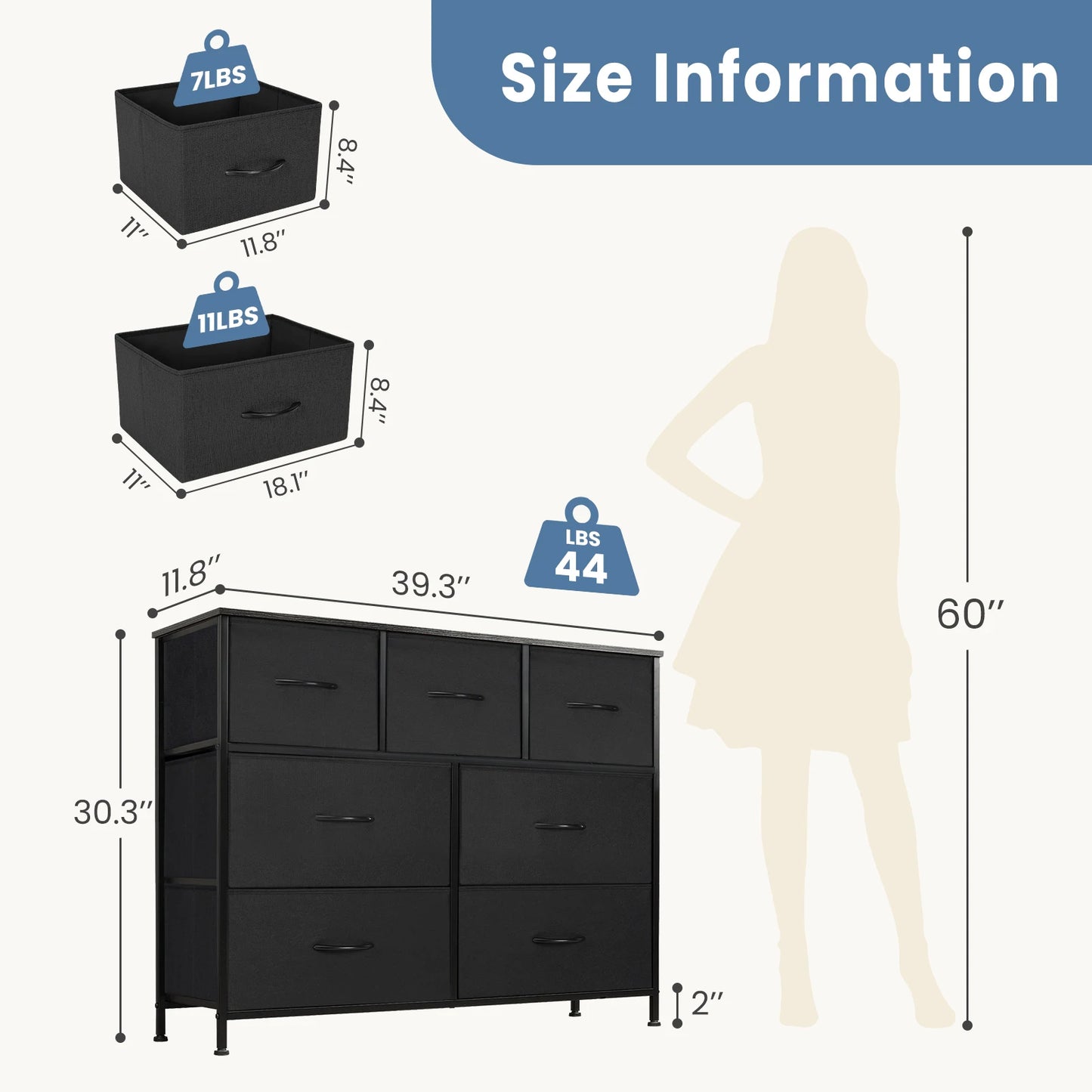 JHK Dresser With 7 Fabric Drawers Storage Cabinet For Bedroom