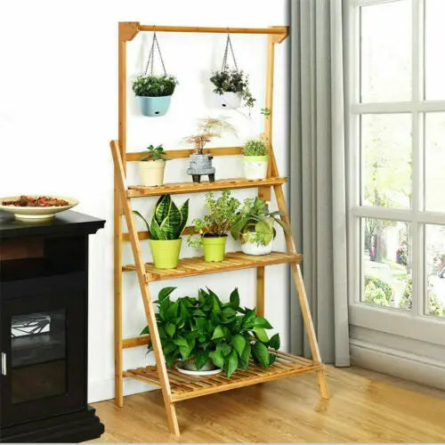 3 Tier Folding Bamboo Plant Stand For Indoor Outdoor Use