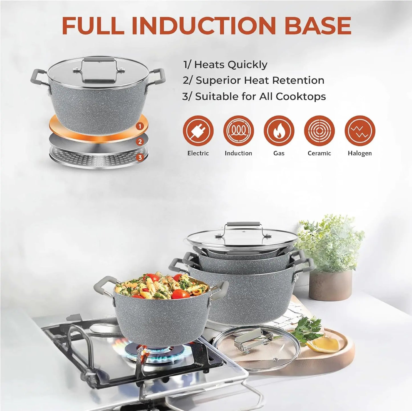 Nonstick Stackable Pots Set With Lids Granite Coated Cookware