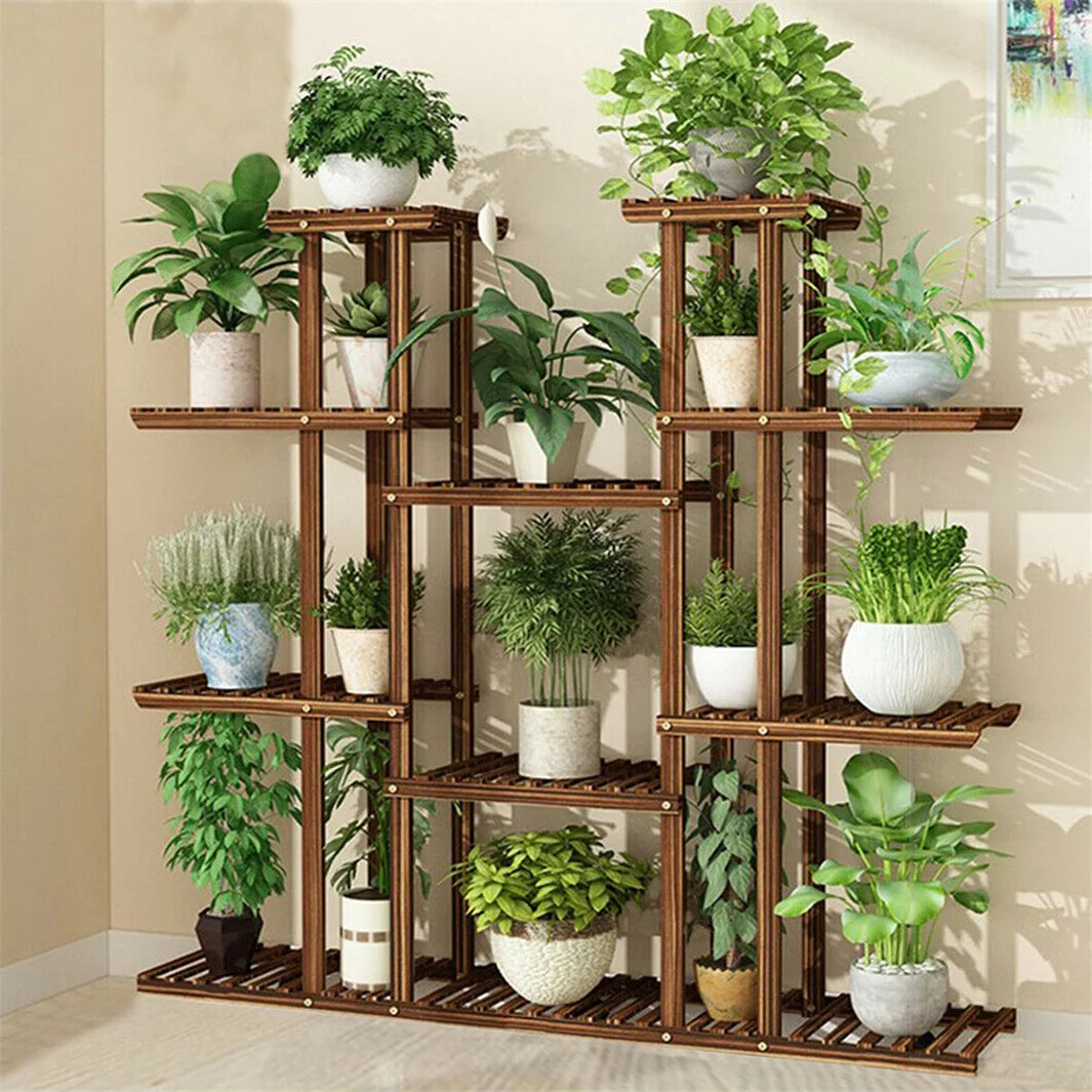 11 Tier Natural Pine Wood Plant Stand With Metal Supports