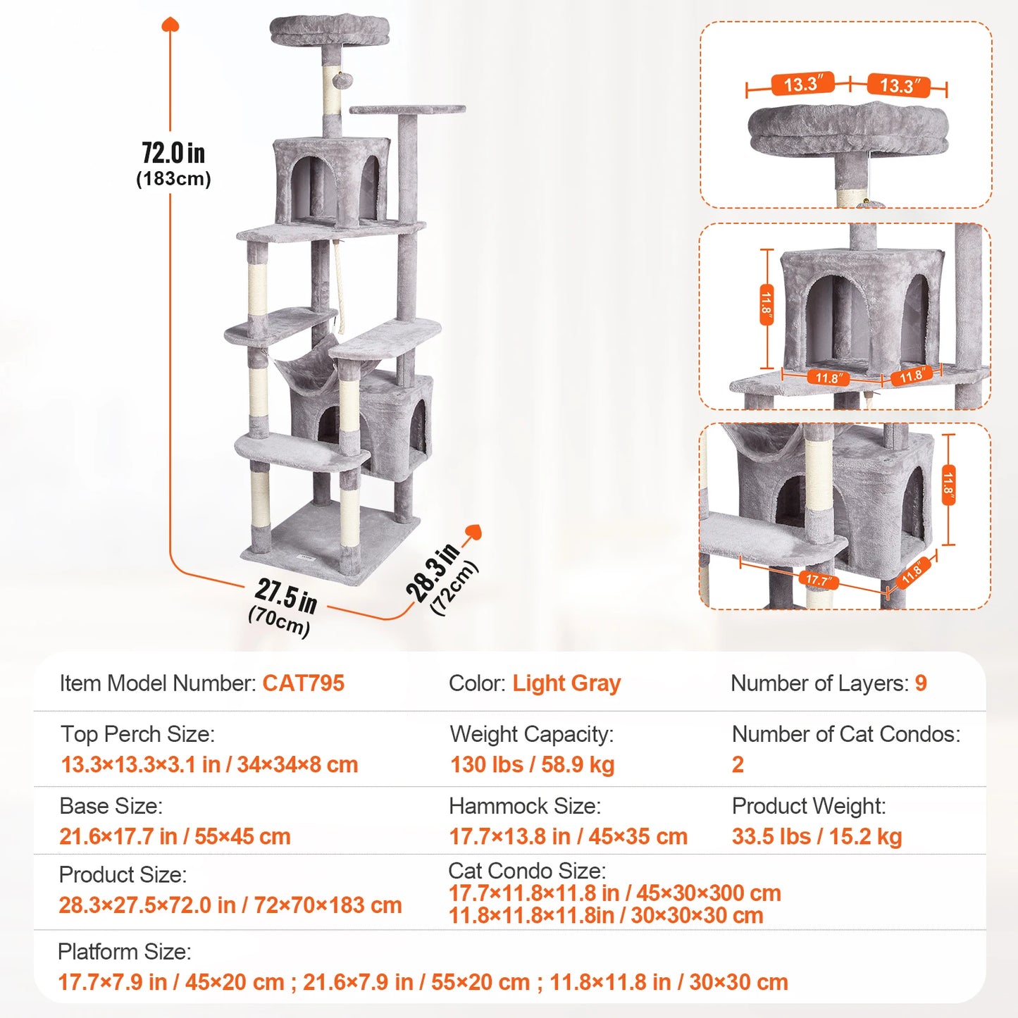 SucceBuy Cat Tree for Indoor Cats Cat Tower with Cat Condo Sisal Scratching Post HammockTop Perch Jumping Platforms Dark Grey