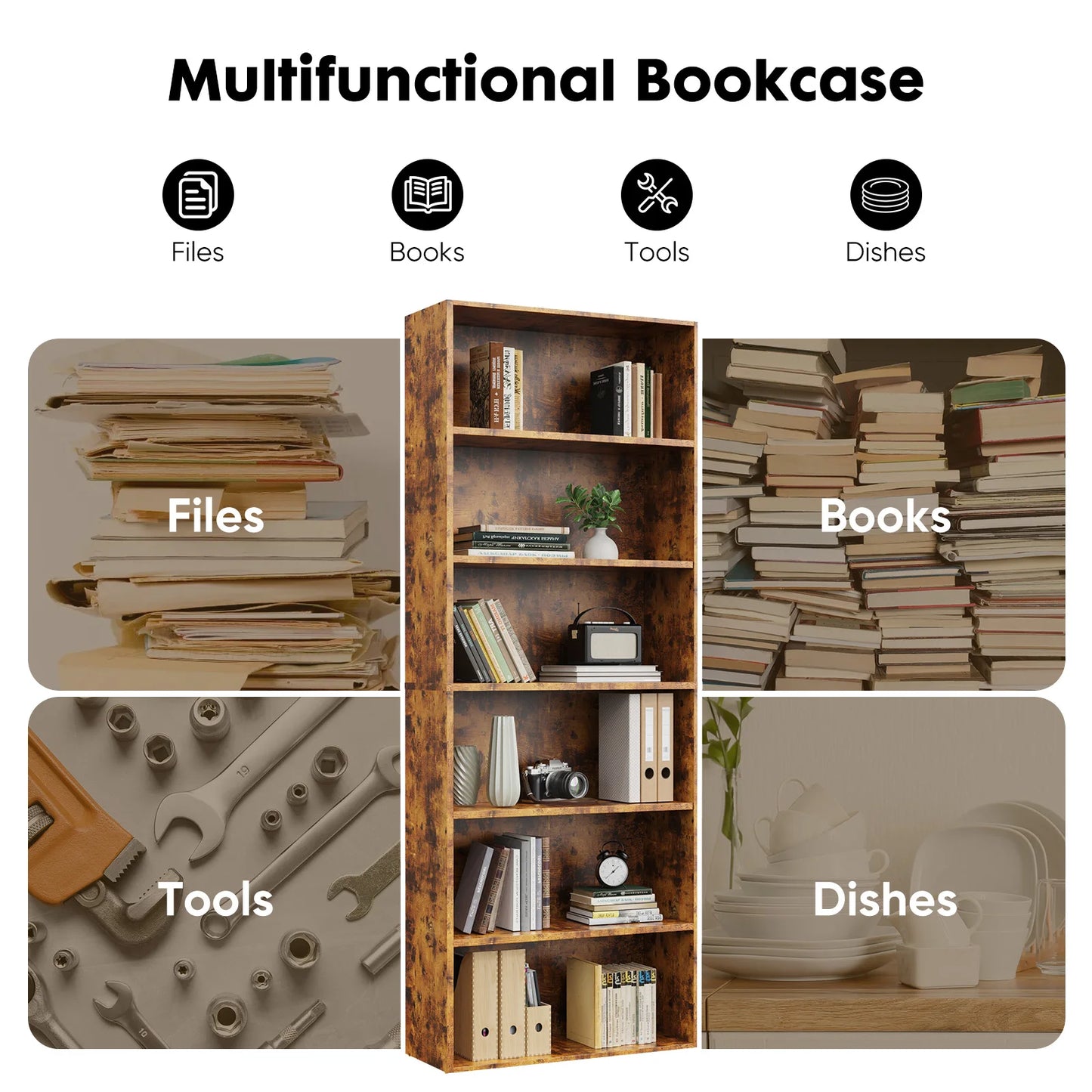 JHK 6 Tier Wooden Shelf Bookcase Floor Standing Open Bookshelf