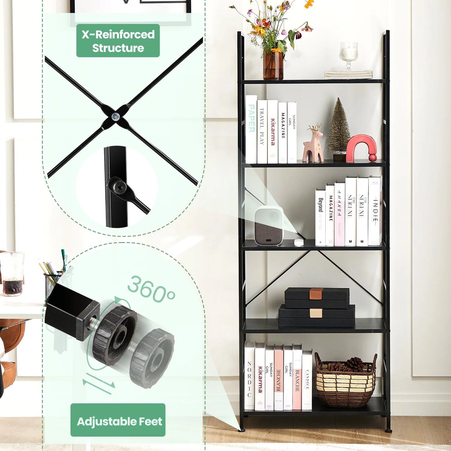 JHK 5 Tier Wooden Display Bookshelf for Living Room