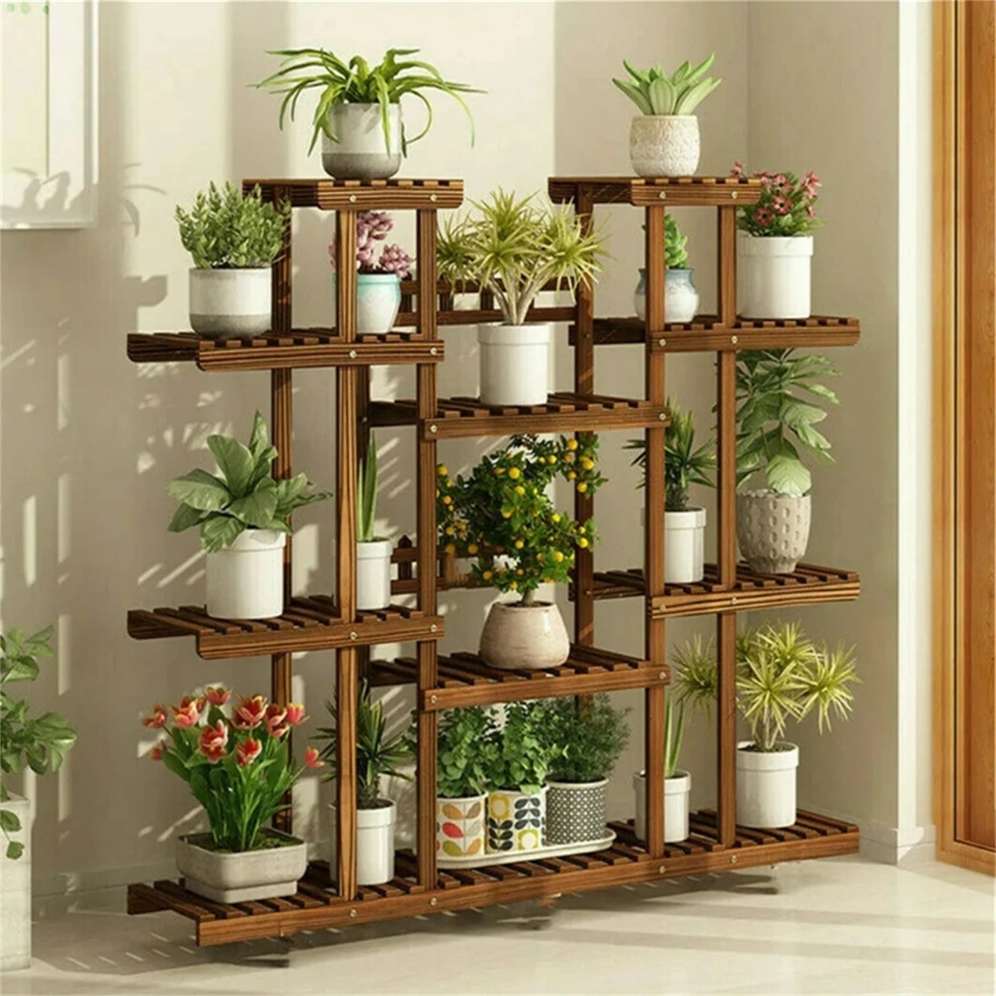 11 Tier Natural Pine Wood Plant Stand With Metal Supports