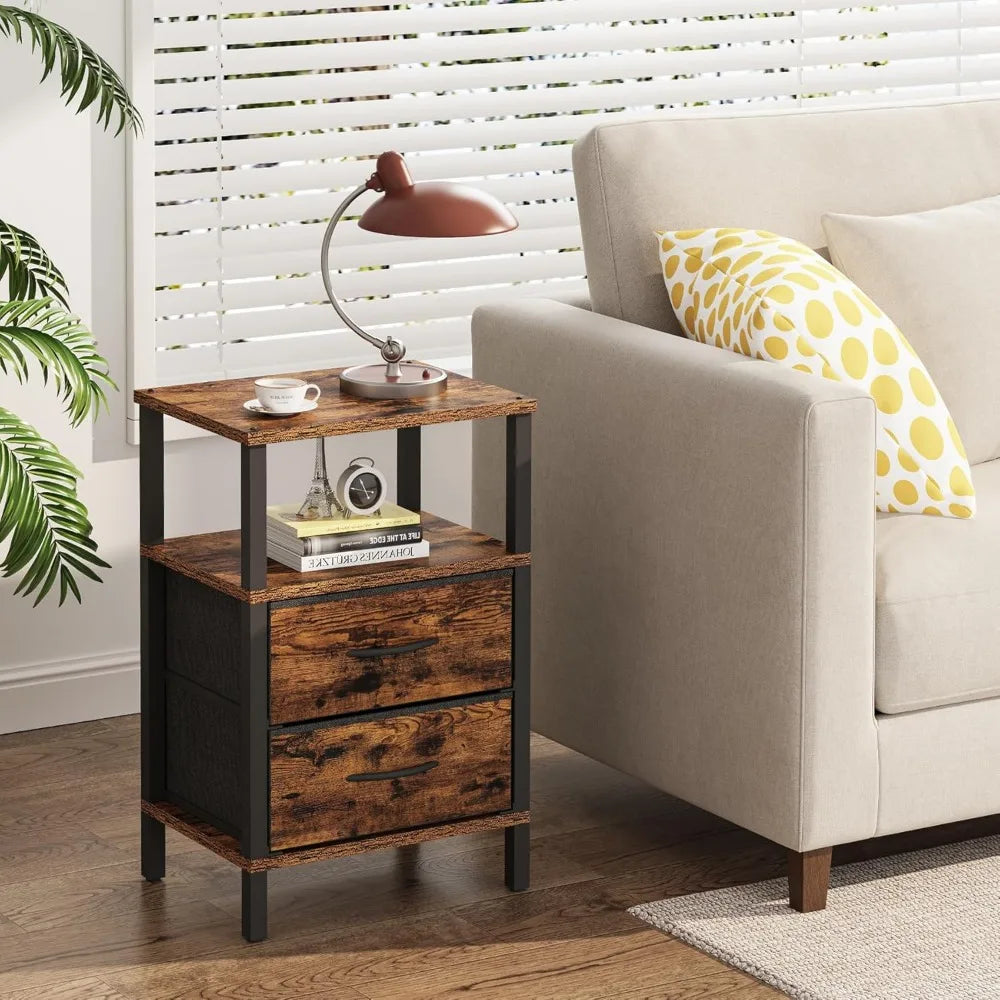 Set Of Two Modern Nightstands With Fabric Drawers And Shelves