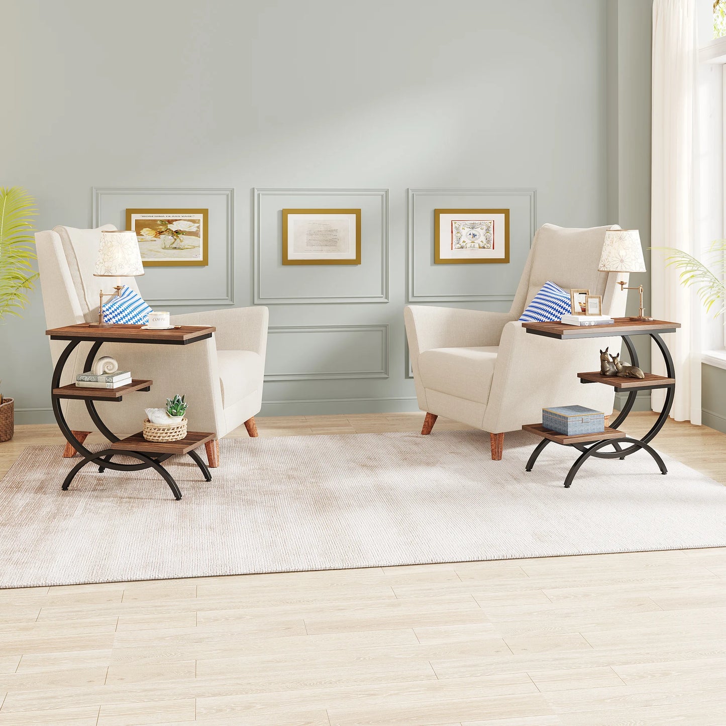 Tribesigns C-Shaped End Table, Industrial 3-Tier With Storage