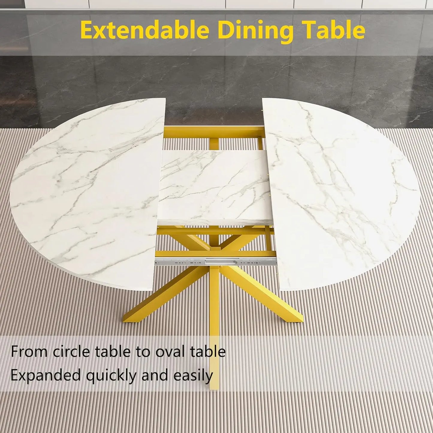 42''-59'' Extendable Dining Room Table for 4-6, White Marble Round Dining Table, Modern Kitchen Circle Oval Dinner, Customized