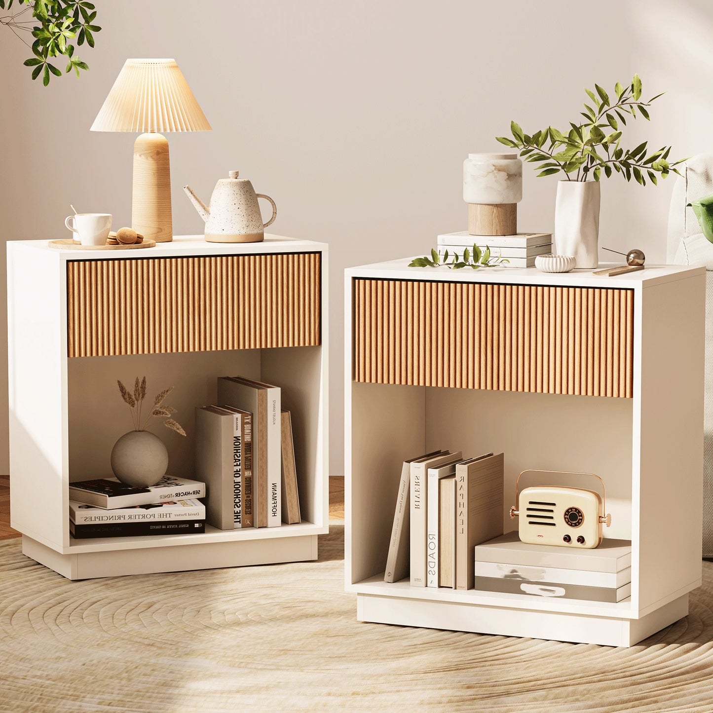 Fluted Nightstands Set Of 2 Modern Mid Century Bedside Tables